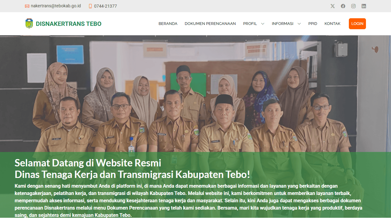 Tampilan website Nakertrans Tebo
